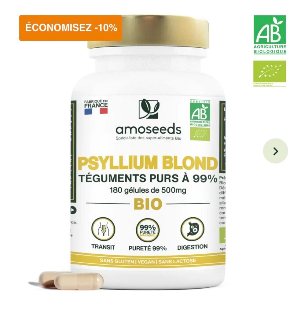 Le psyllium blond bio d’AMOSEEDS sous formes de gélules. Existe également sous forme de paillettes